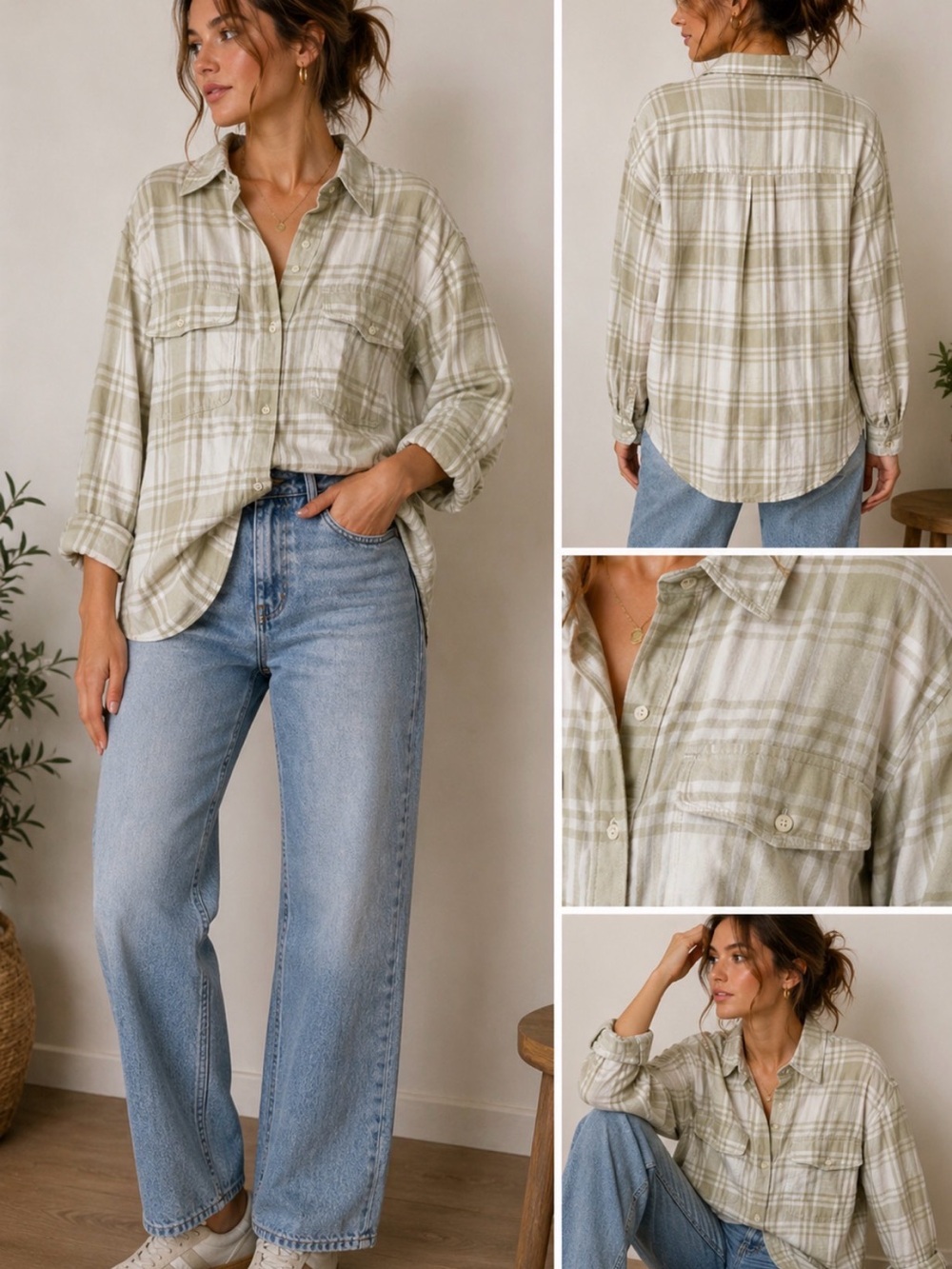 Madewell Plaid Button Down Shirt XL Green Cream Flannel NWT